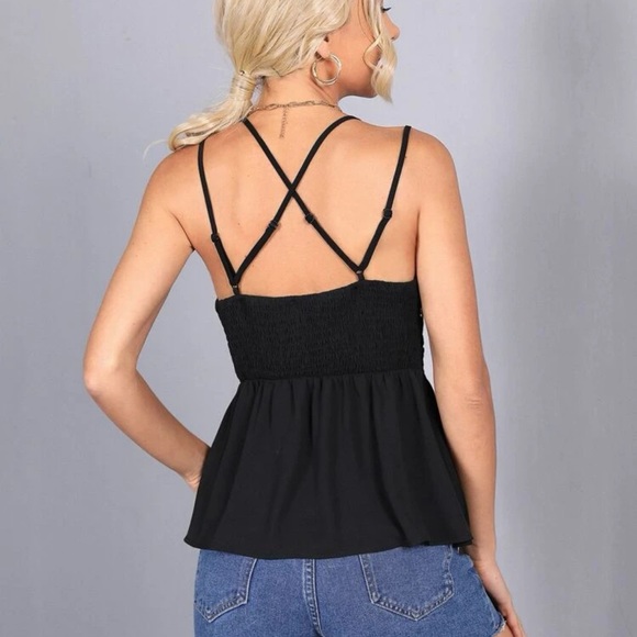 V neck cami strap scalloped guipure lace ruffle top boho white eyelet - Picture 5 of 6